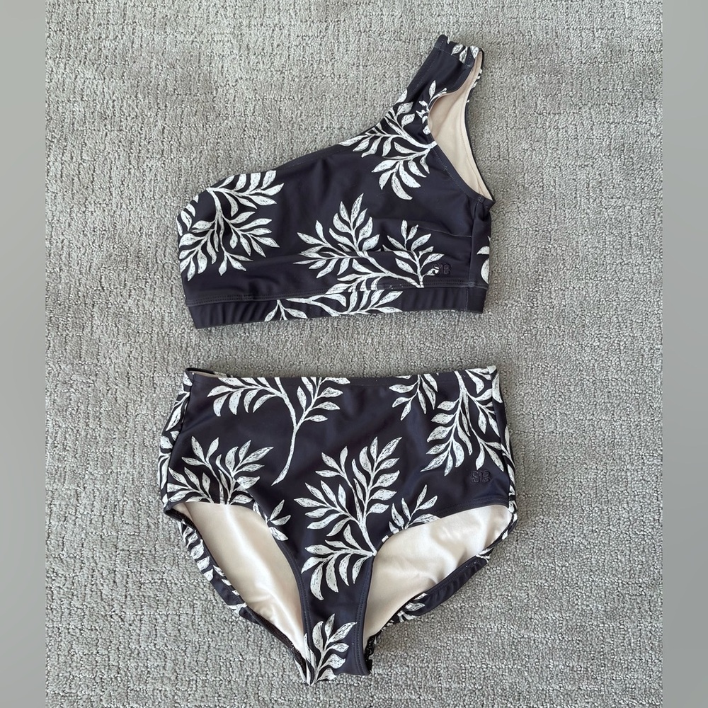 Albion Black One-Shoulder Bikini with White Leaf Print